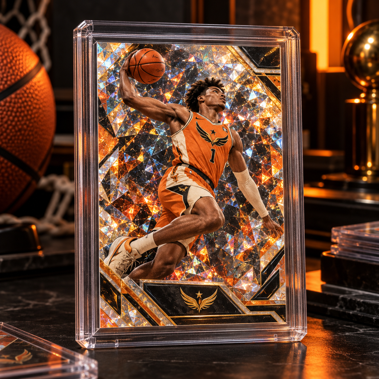 Fictional orange cracked-ice basketball rookie card